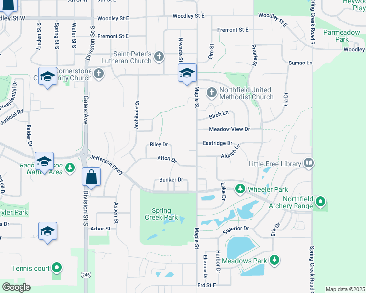 map of restaurants, bars, coffee shops, grocery stores, and more near 1608 Maple Street in Northfield