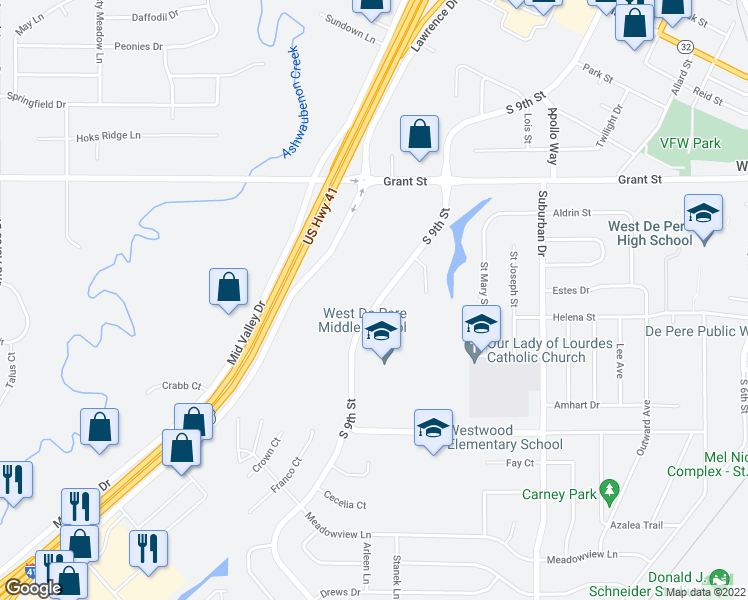 map of restaurants, bars, coffee shops, grocery stores, and more near 834 South 9th Street in De Pere