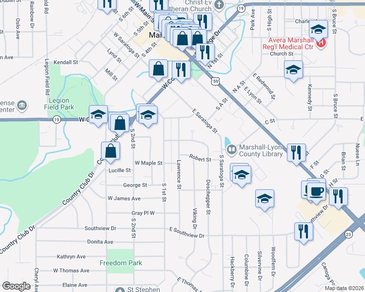 map of restaurants, bars, coffee shops, grocery stores, and more near 316 Lawrence Street in Marshall