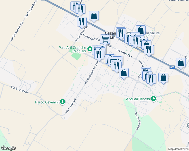 map of restaurants, bars, coffee shops, grocery stores, and more near 80 Via Giuseppe Mazzini in Ozzano dell'Emilia