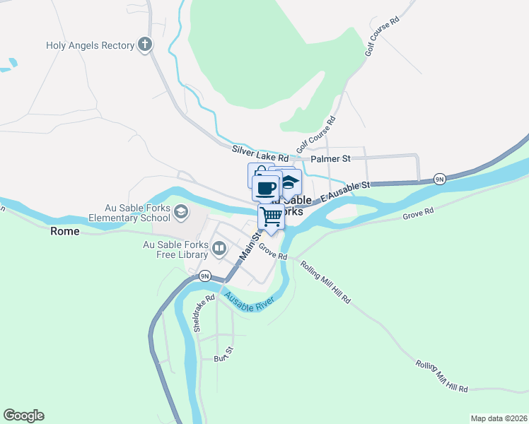 map of restaurants, bars, coffee shops, grocery stores, and more near 5 North Main Street in Au Sable Forks