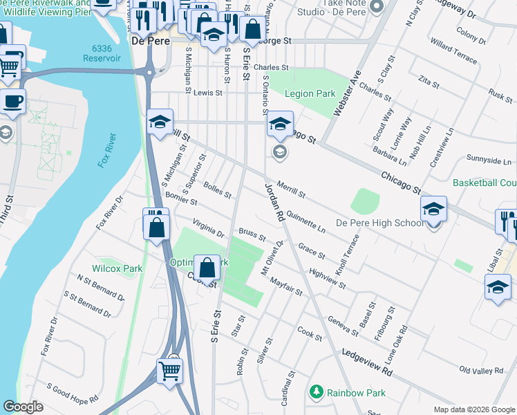 map of restaurants, bars, coffee shops, grocery stores, and more near 942 Mansion Street in De Pere