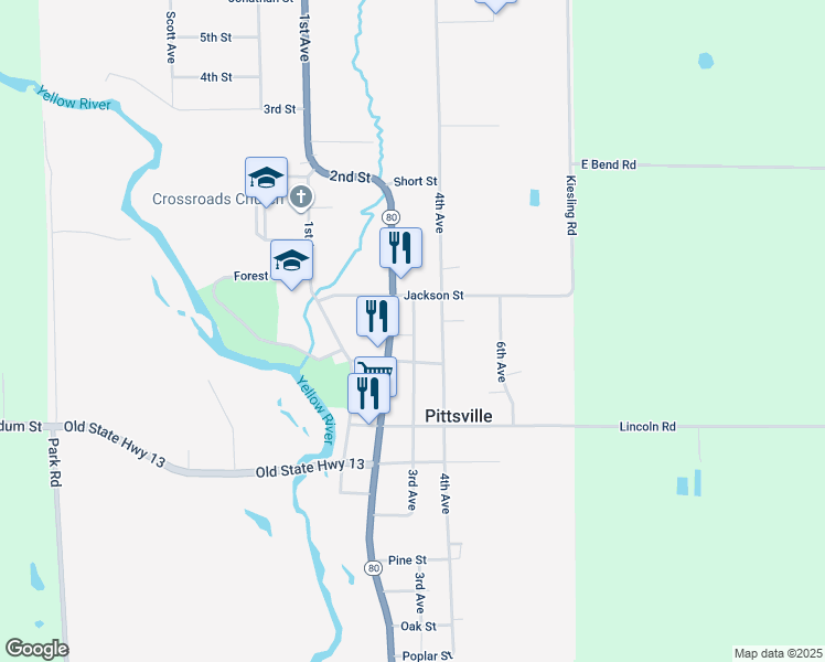 map of restaurants, bars, coffee shops, grocery stores, and more near 5387 4th Avenue in Pittsville