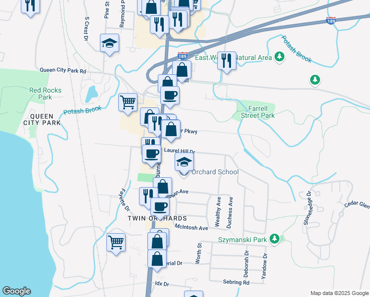 map of restaurants, bars, coffee shops, grocery stores, and more near 16 Laurel Hill Dr in South Burlington