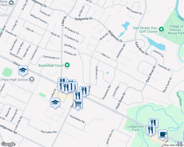 map of restaurants, bars, coffee shops, grocery stores, and more near 156 Sullivan Lane in De Pere