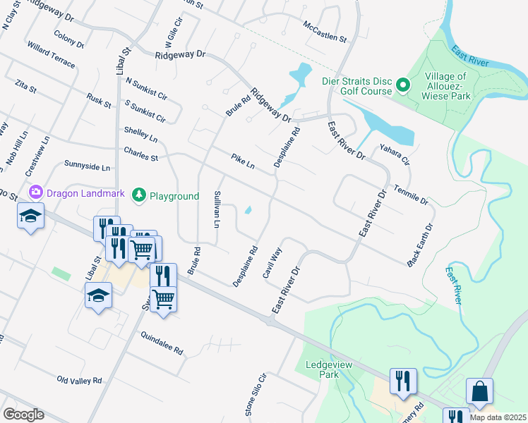 map of restaurants, bars, coffee shops, grocery stores, and more near 122 Desplaine Road in De Pere