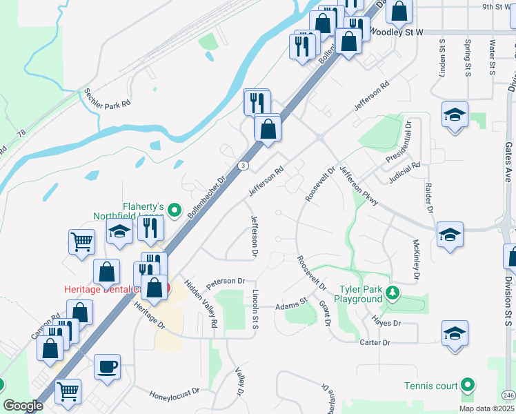 map of restaurants, bars, coffee shops, grocery stores, and more near 3 Jefferson Drive in Northfield