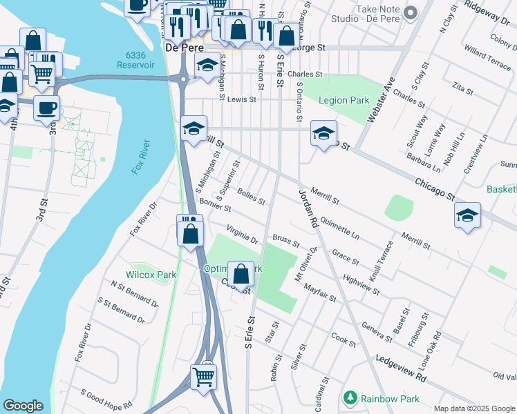map of restaurants, bars, coffee shops, grocery stores, and more near 820 Bolles Street in De Pere