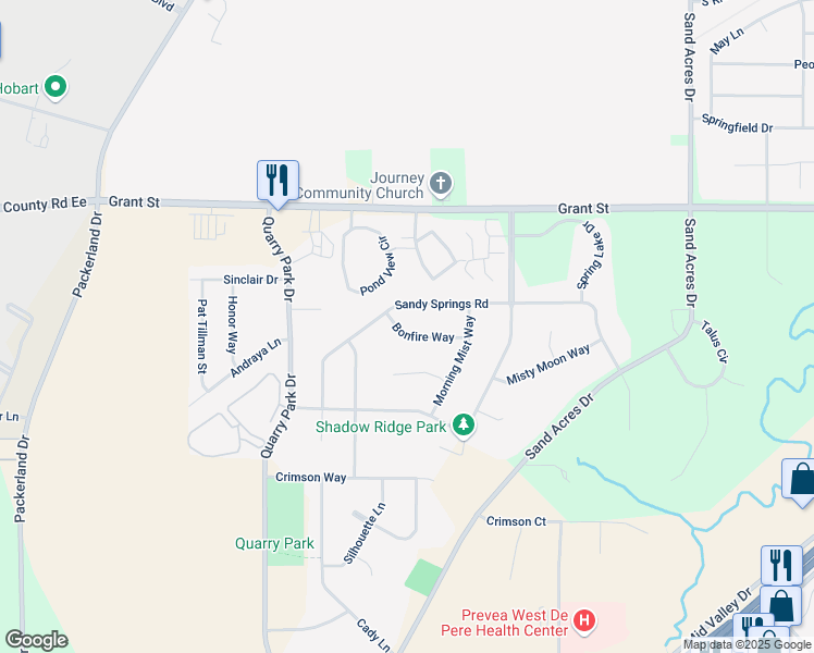 map of restaurants, bars, coffee shops, grocery stores, and more near 1950 Bonfire Way in De Pere