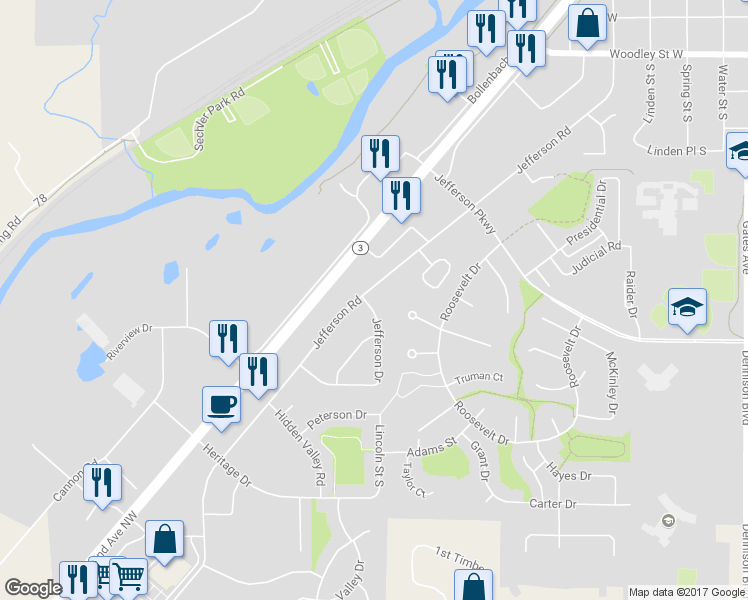 map of restaurants, bars, coffee shops, grocery stores, and more near 3 Jefferson Drive in Northfield