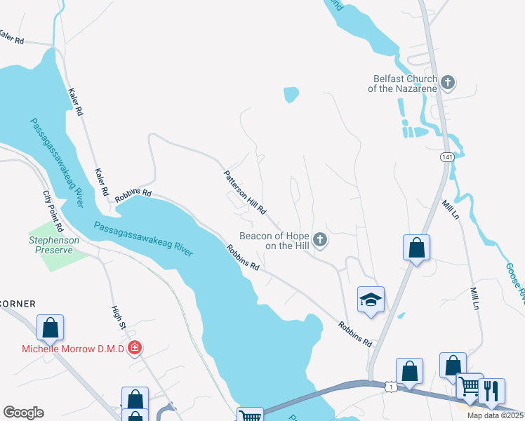 map of restaurants, bars, coffee shops, grocery stores, and more near Patterson Hill Road in Belfast