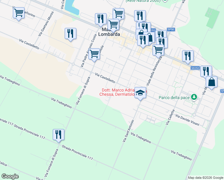 map of restaurants, bars, coffee shops, grocery stores, and more near 28 Via XXV Aprile in Massa Lombarda