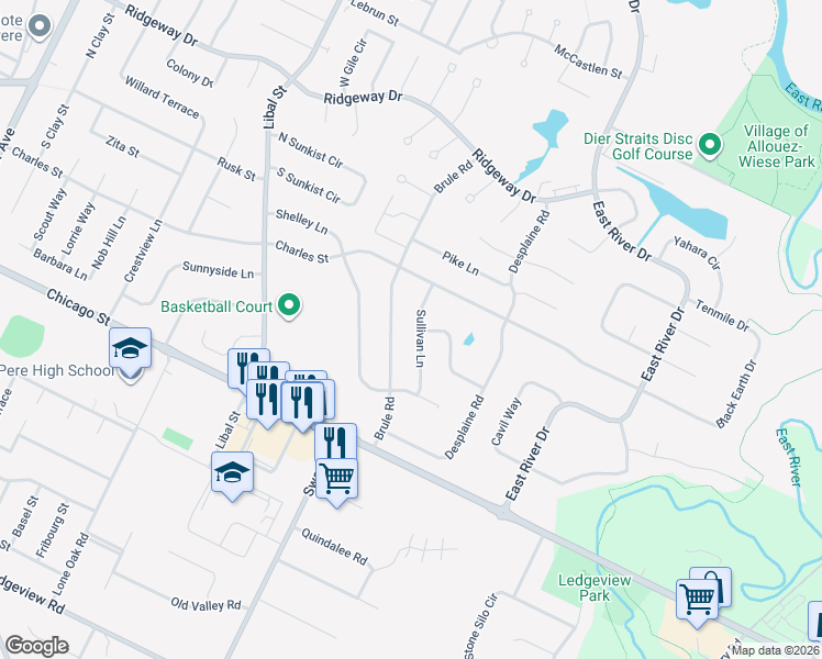 map of restaurants, bars, coffee shops, grocery stores, and more near 156 Sullivan Ln in De Pere