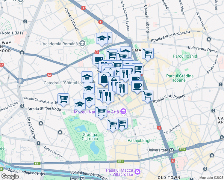 map of restaurants, bars, coffee shops, grocery stores, and more near Calea Victoriei in București