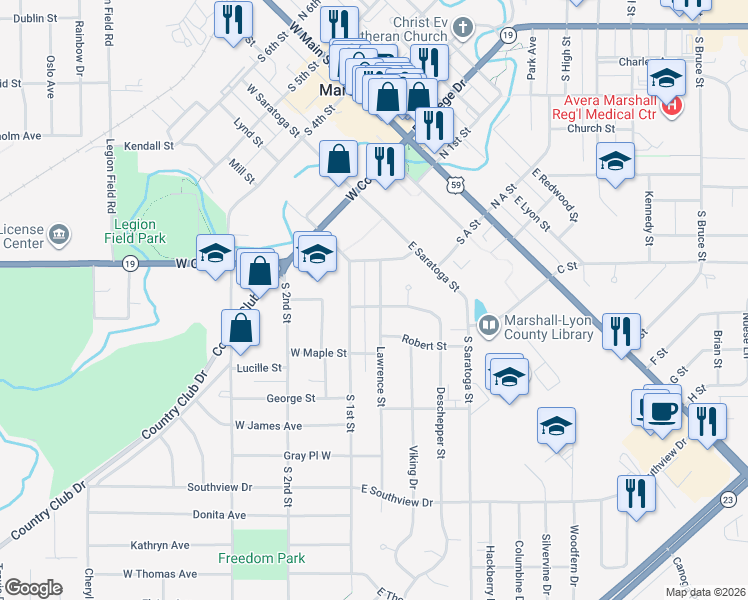 map of restaurants, bars, coffee shops, grocery stores, and more near 316 Lawrence Street in Marshall