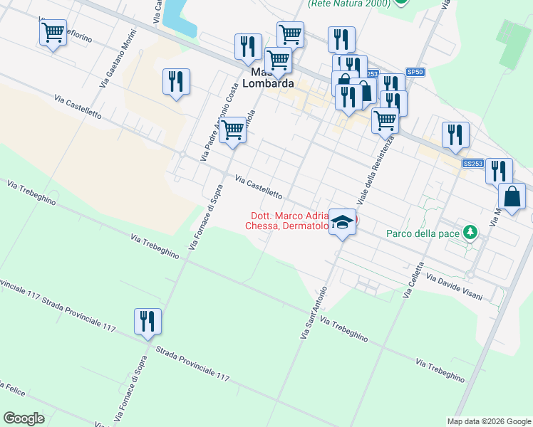 map of restaurants, bars, coffee shops, grocery stores, and more near 28 Via XXV Aprile in Massa Lombarda