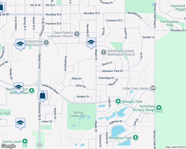 map of restaurants, bars, coffee shops, grocery stores, and more near 1608 Maple Street in Northfield