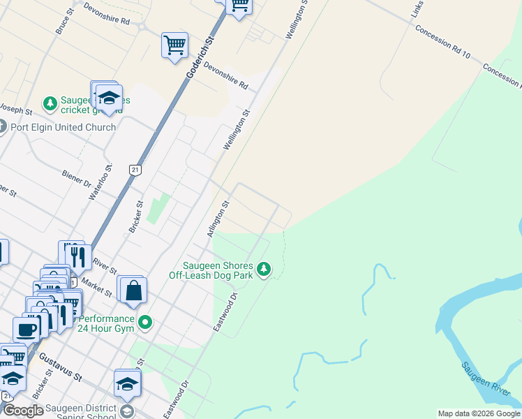 map of restaurants, bars, coffee shops, grocery stores, and more near 789 Woodland Drive in Port Elgin