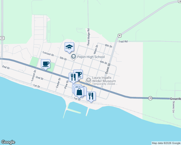 map of restaurants, bars, coffee shops, grocery stores, and more near 409 Main Street in Pepin