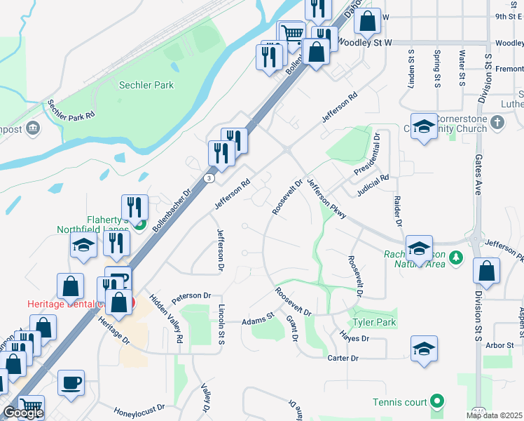 map of restaurants, bars, coffee shops, grocery stores, and more near 1613 Pheasantwood Trail in Northfield