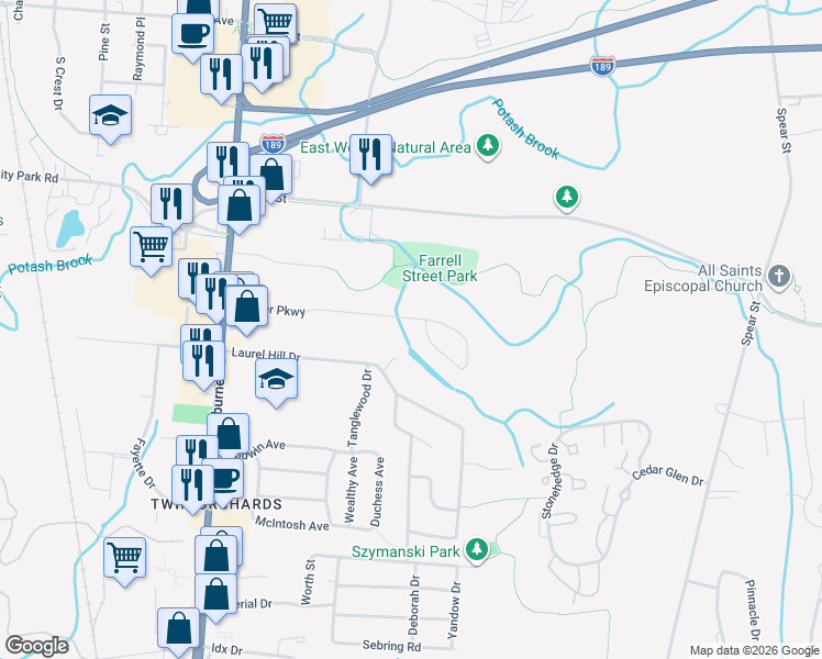 map of restaurants, bars, coffee shops, grocery stores, and more near 39 Brewer Parkway in South Burlington