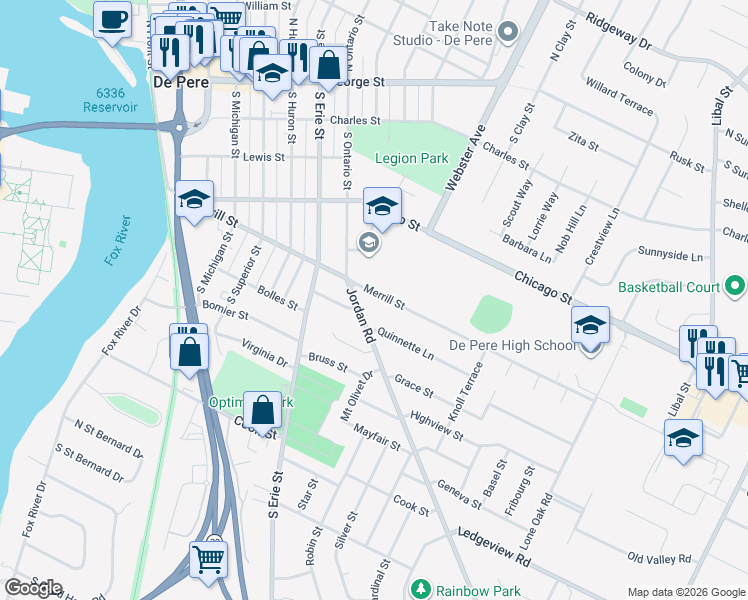 map of restaurants, bars, coffee shops, grocery stores, and more near 1340 Merrill Street in De Pere