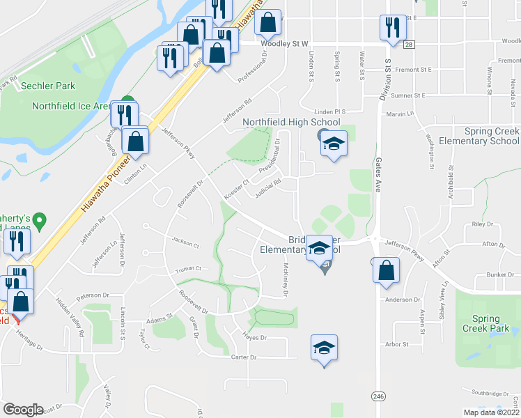 map of restaurants, bars, coffee shops, grocery stores, and more near 1664 Jefferson Parkway in Northfield