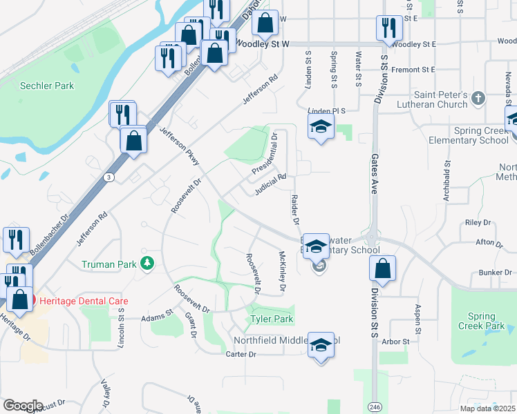 map of restaurants, bars, coffee shops, grocery stores, and more near 1664 Jefferson Parkway in Northfield