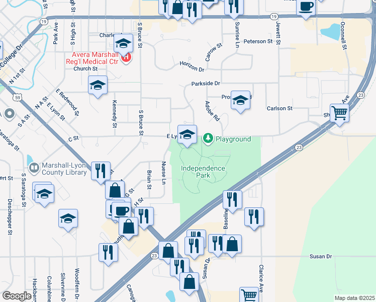 map of restaurants, bars, coffee shops, grocery stores, and more near in Marshall