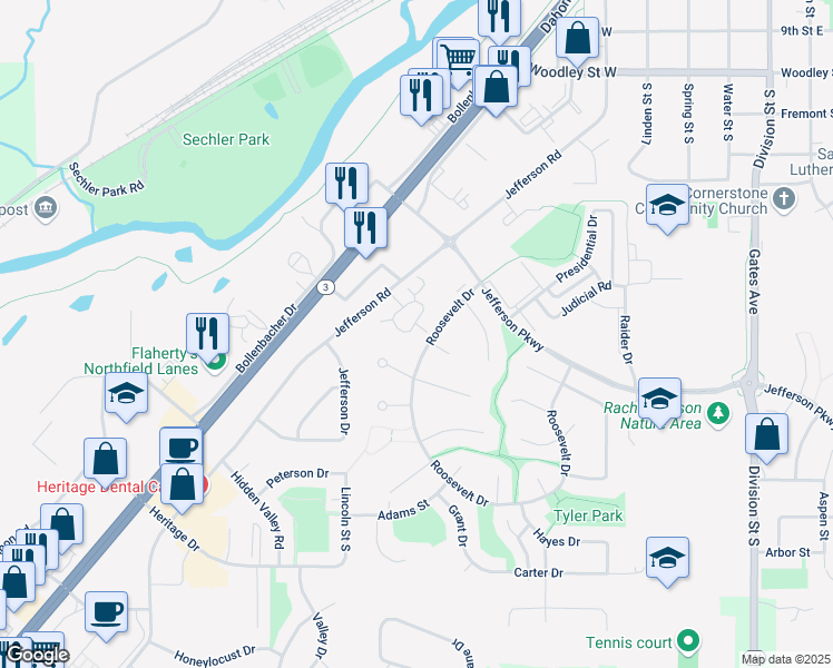 map of restaurants, bars, coffee shops, grocery stores, and more near 1613 Pheasantwood Trail in Northfield