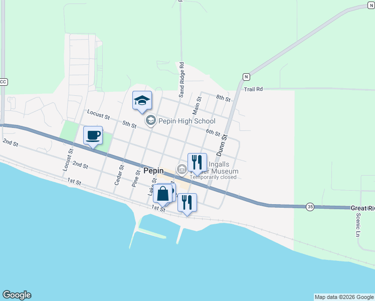 map of restaurants, bars, coffee shops, grocery stores, and more near 409 Main Street in Pepin