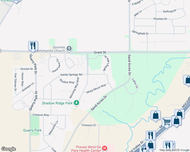 map of restaurants, bars, coffee shops, grocery stores, and more near 1523 Shadow Ridge Way in De Pere