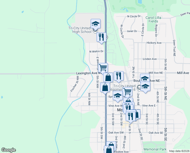 map of restaurants, bars, coffee shops, grocery stores, and more near 403 5th Street Northwest in Montgomery