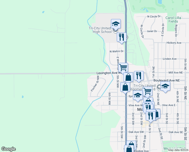 map of restaurants, bars, coffee shops, grocery stores, and more near 704 Juniper Lane Northwest in Montgomery