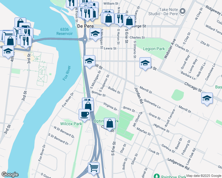 map of restaurants, bars, coffee shops, grocery stores, and more near 820 Bolles Street in De Pere