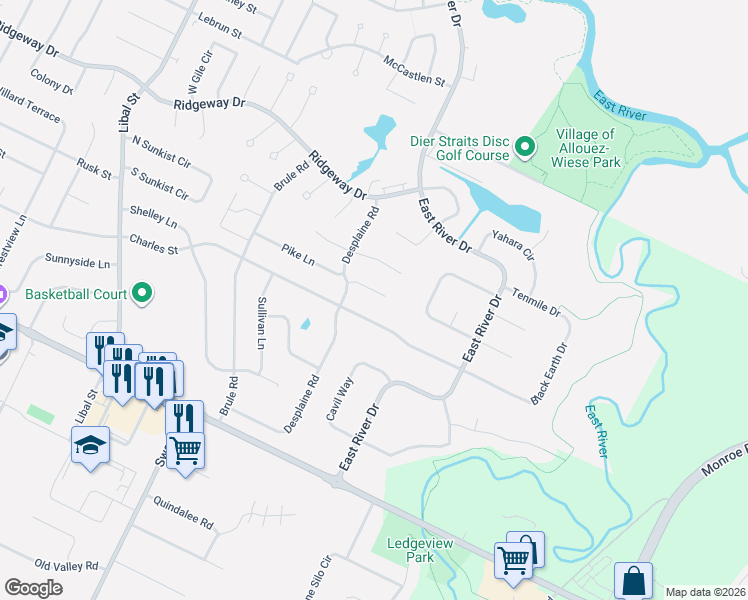 map of restaurants, bars, coffee shops, grocery stores, and more near 2056 Bark River Court in De Pere