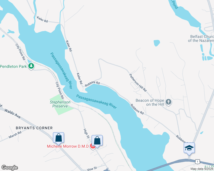map of restaurants, bars, coffee shops, grocery stores, and more near Robbins Road in Belfast