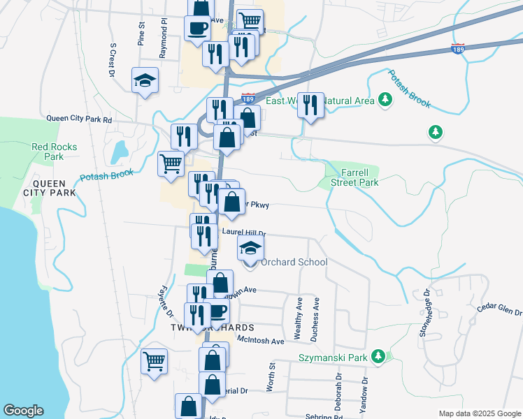map of restaurants, bars, coffee shops, grocery stores, and more near 16 Laurel Hill Drive in South Burlington