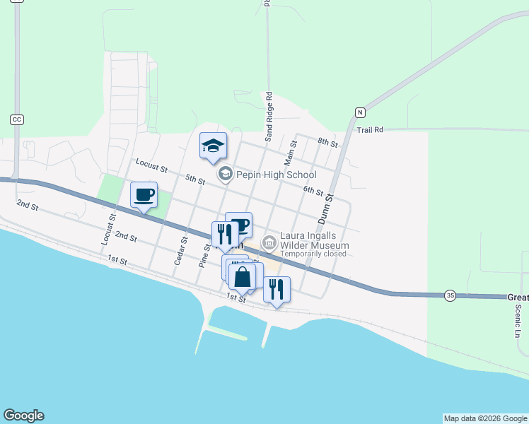 map of restaurants, bars, coffee shops, grocery stores, and more near 402 4th Street in Pepin