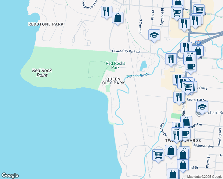 map of restaurants, bars, coffee shops, grocery stores, and more near 65 Central Avenue in South Burlington