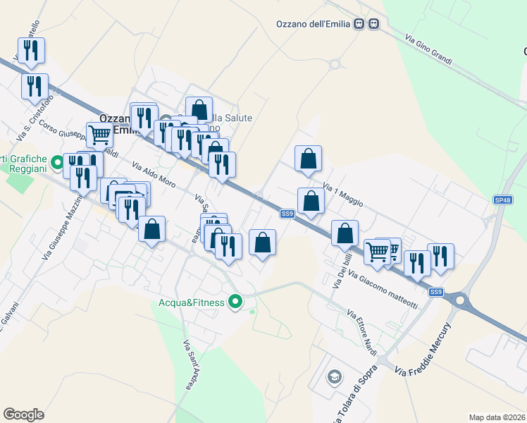map of restaurants, bars, coffee shops, grocery stores, and more near 312 Via Emilia in Ozzano dell'Emilia