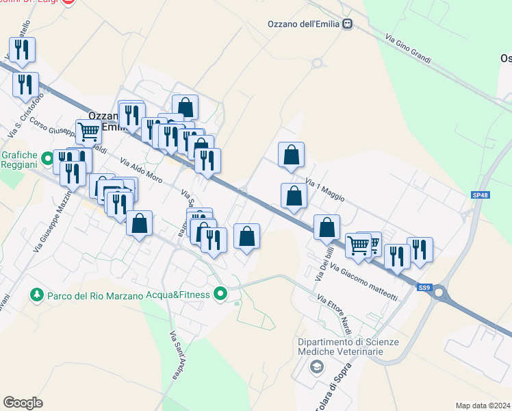 map of restaurants, bars, coffee shops, grocery stores, and more near 308 Via Emilia in Ozzano Dell`Emilia