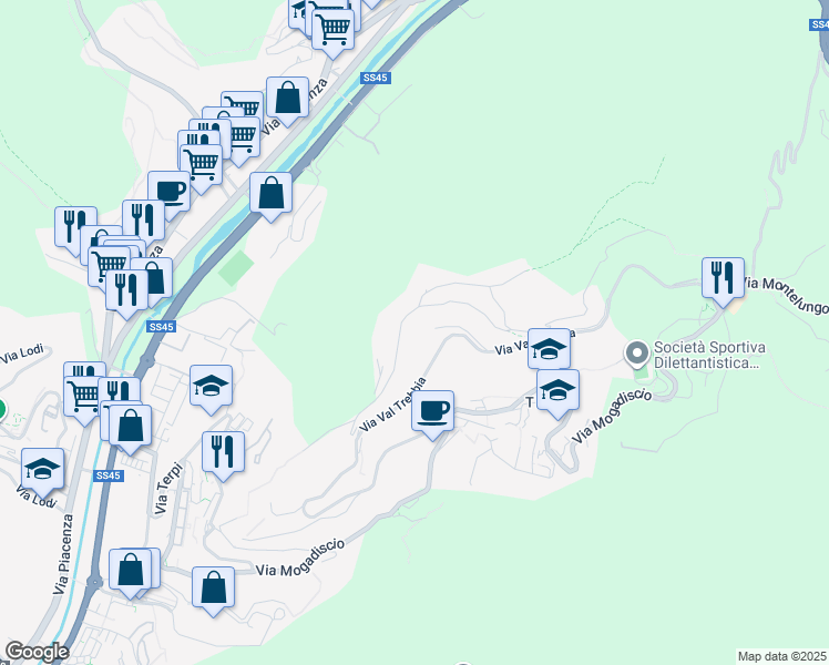 map of restaurants, bars, coffee shops, grocery stores, and more near 64 Via Val Trebbia in Genova
