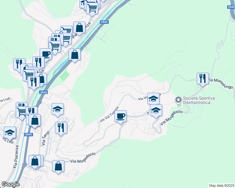 map of restaurants, bars, coffee shops, grocery stores, and more near 64 Via Val Trebbia in Genova
