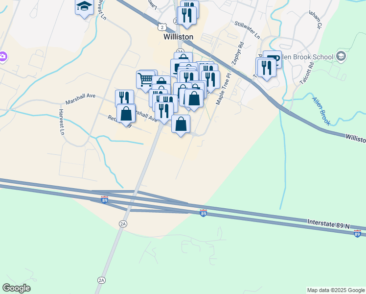 map of restaurants, bars, coffee shops, grocery stores, and more near 100 Maple Tree Place in Williston