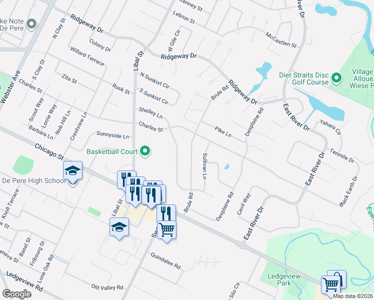 map of restaurants, bars, coffee shops, grocery stores, and more near 185 Shelley Lane in De Pere