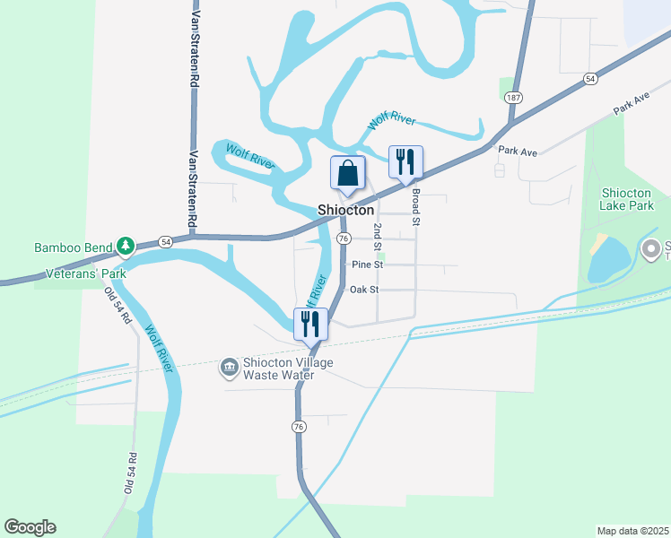 map of restaurants, bars, coffee shops, grocery stores, and more near N5599 Wisconsin 76 in Shiocton