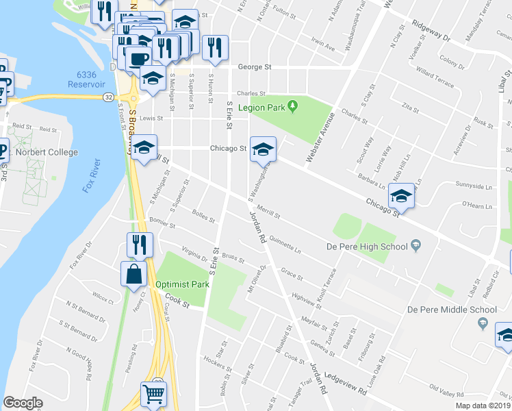 map of restaurants, bars, coffee shops, grocery stores, and more near 1001 Merrill Street in De Pere