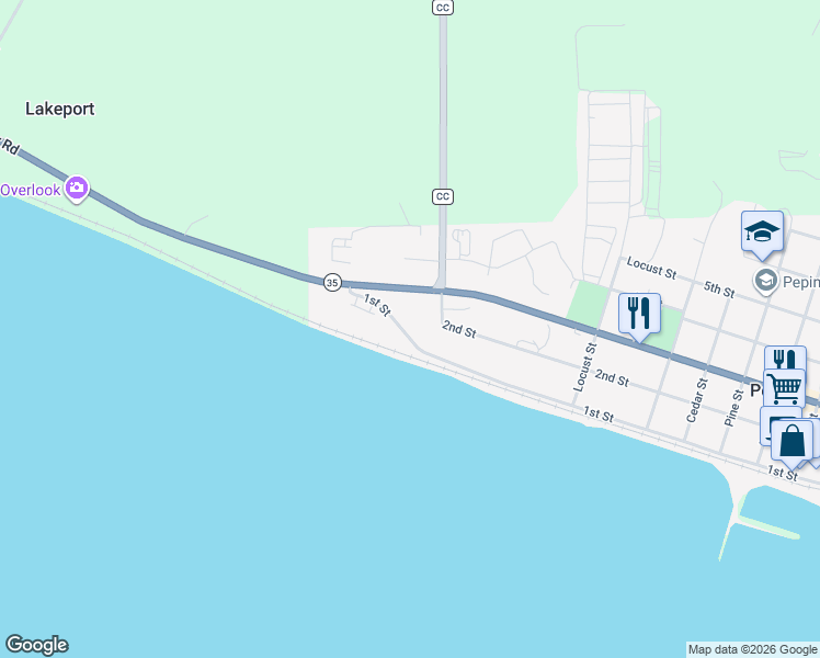 map of restaurants, bars, coffee shops, grocery stores, and more near 1403 2nd Street in Pepin