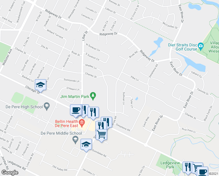 map of restaurants, bars, coffee shops, grocery stores, and more near 149 Shelley Lane in De Pere
